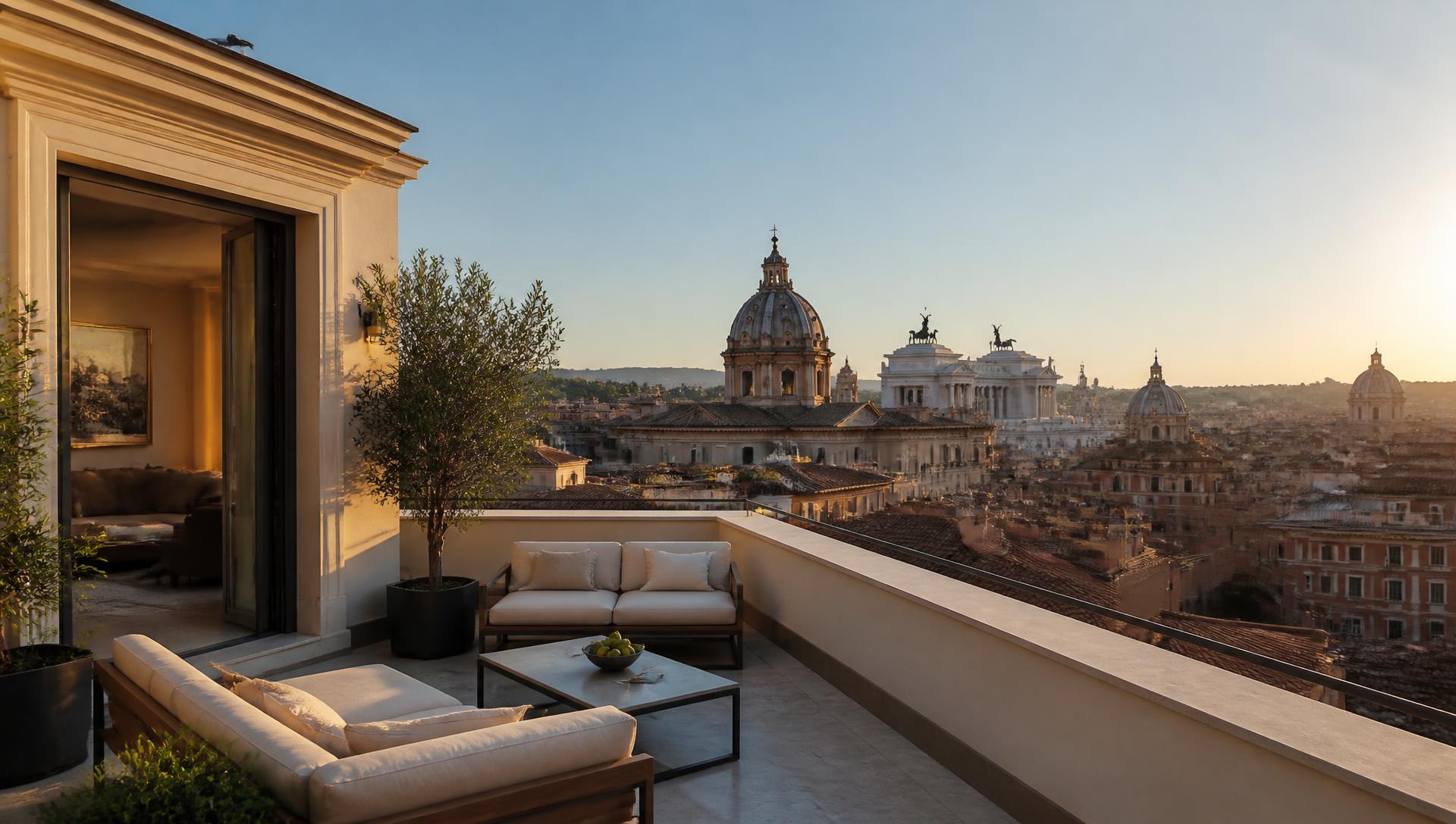 Panoramic view of a luxury Rome penthouse terrace overlooking the Eternal City