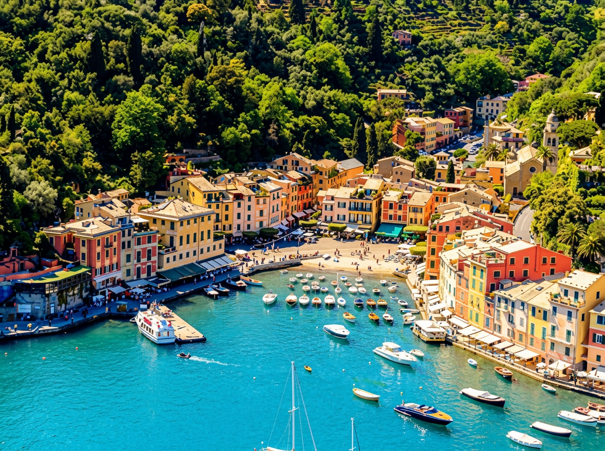 Panoramic view of Portofino harbour with pastel houses, a yacht and the Ligurian coastline
