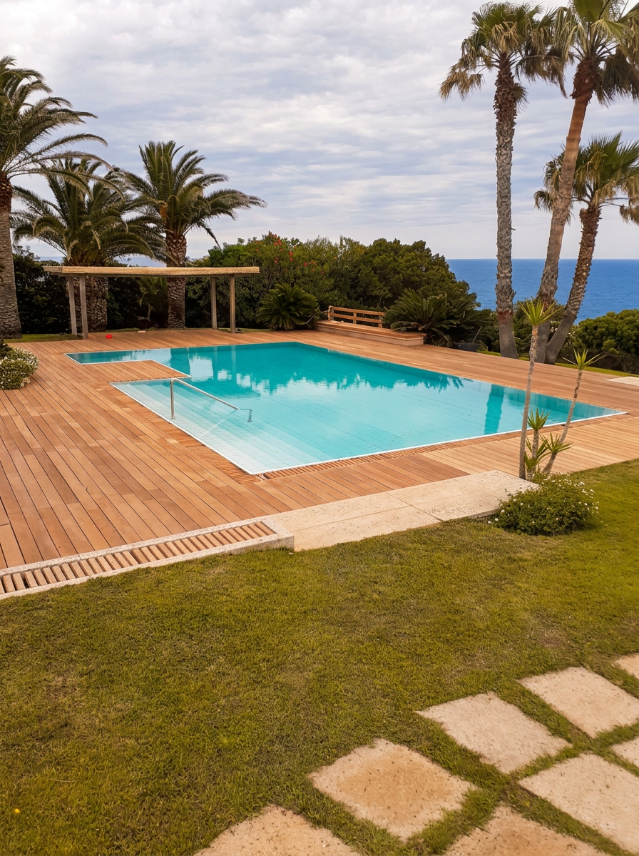Swimming pool with wooden deck and palm trees overlooking the Sardinian sea