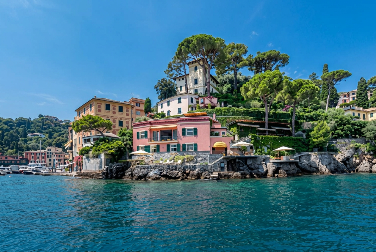 Pink waterfront villa on the rocky shoreline of Portofino with direct sea access