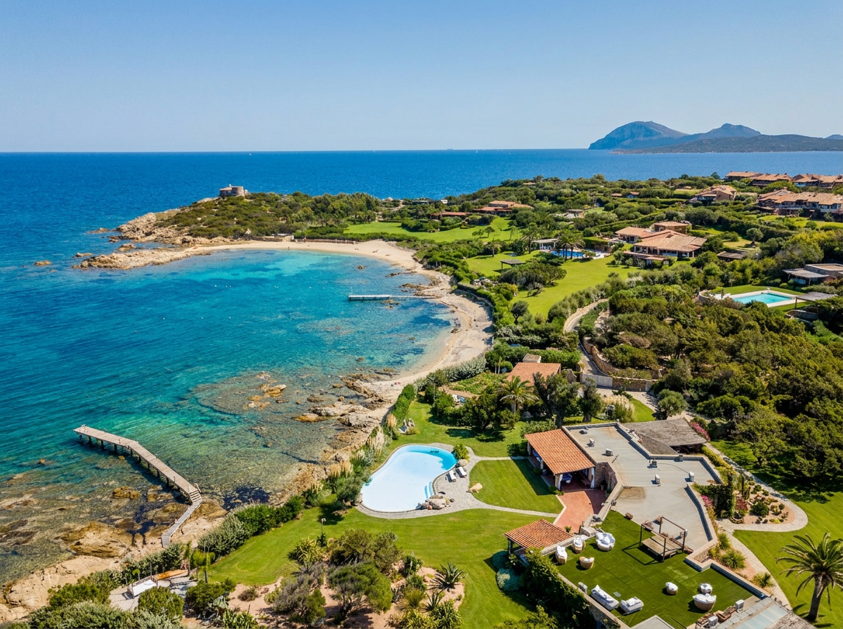 Aerial view of a waterfront estate in Porto Rotondo with private pool, dock and beach