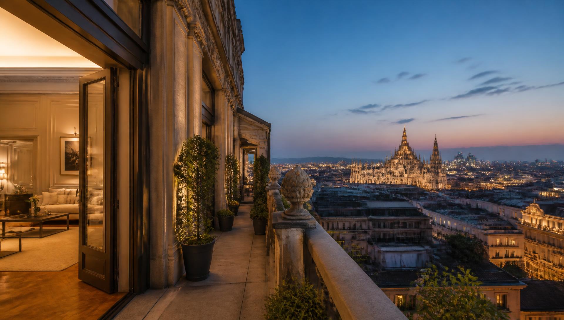 Panoramic view of a prestigious Milan penthouse terrace overlooking the city skyline