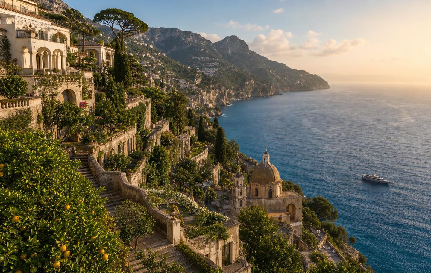 Panoramic view of the Amalfi Coast with cliffside villas and terraces over the sea