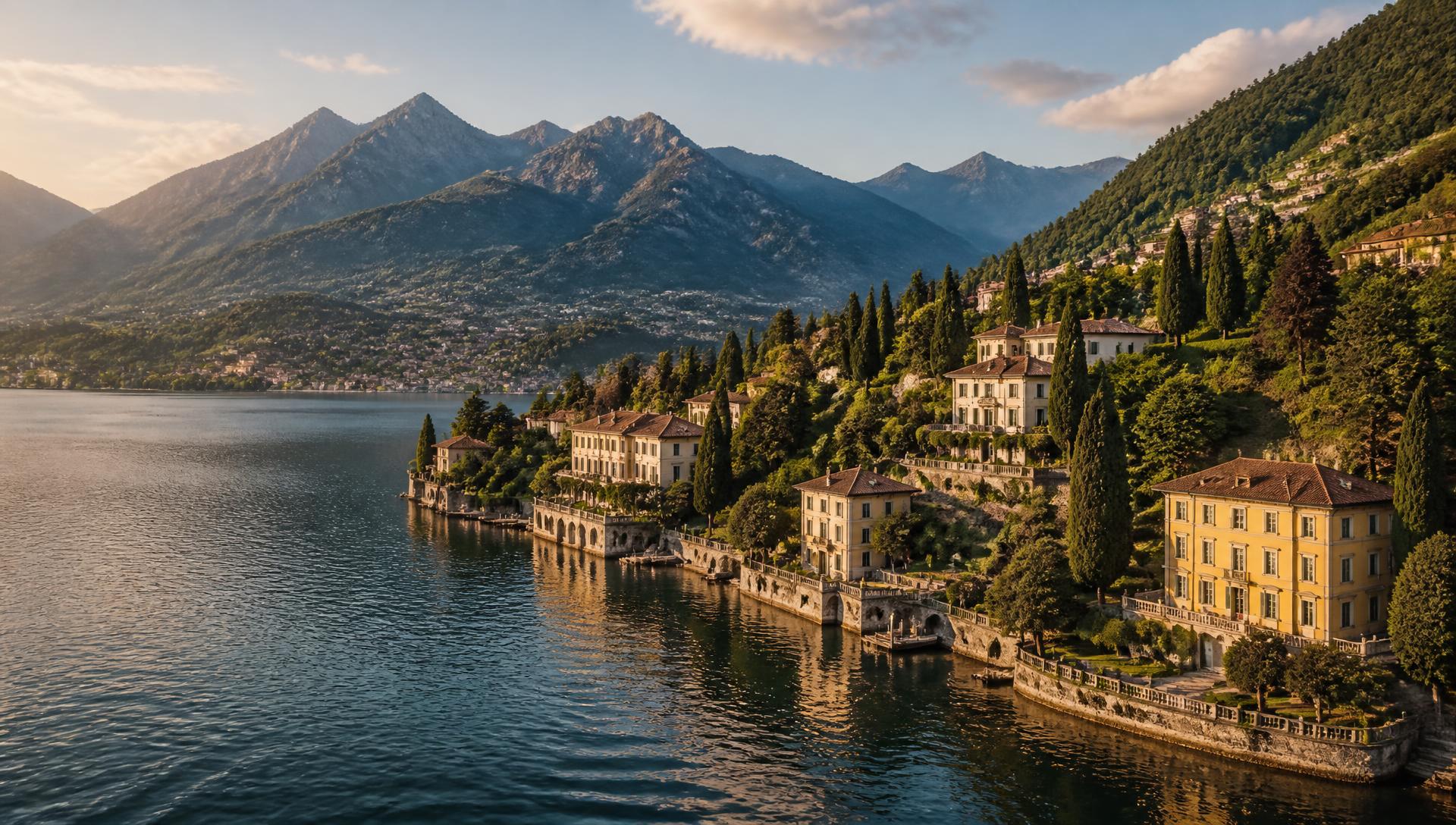 Panoramic view of Lake Como with historic villas and the Alps